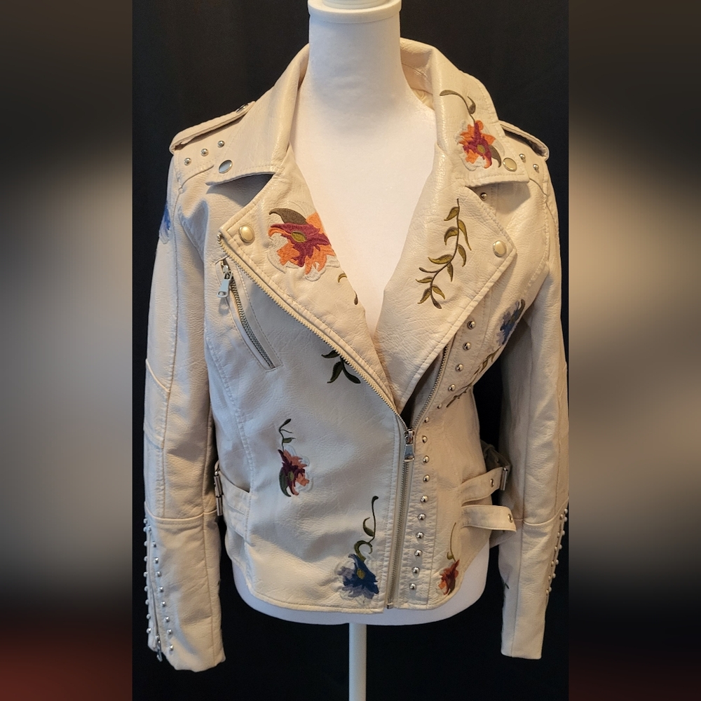 Floral Embroidered White Faux Leather Jacket
